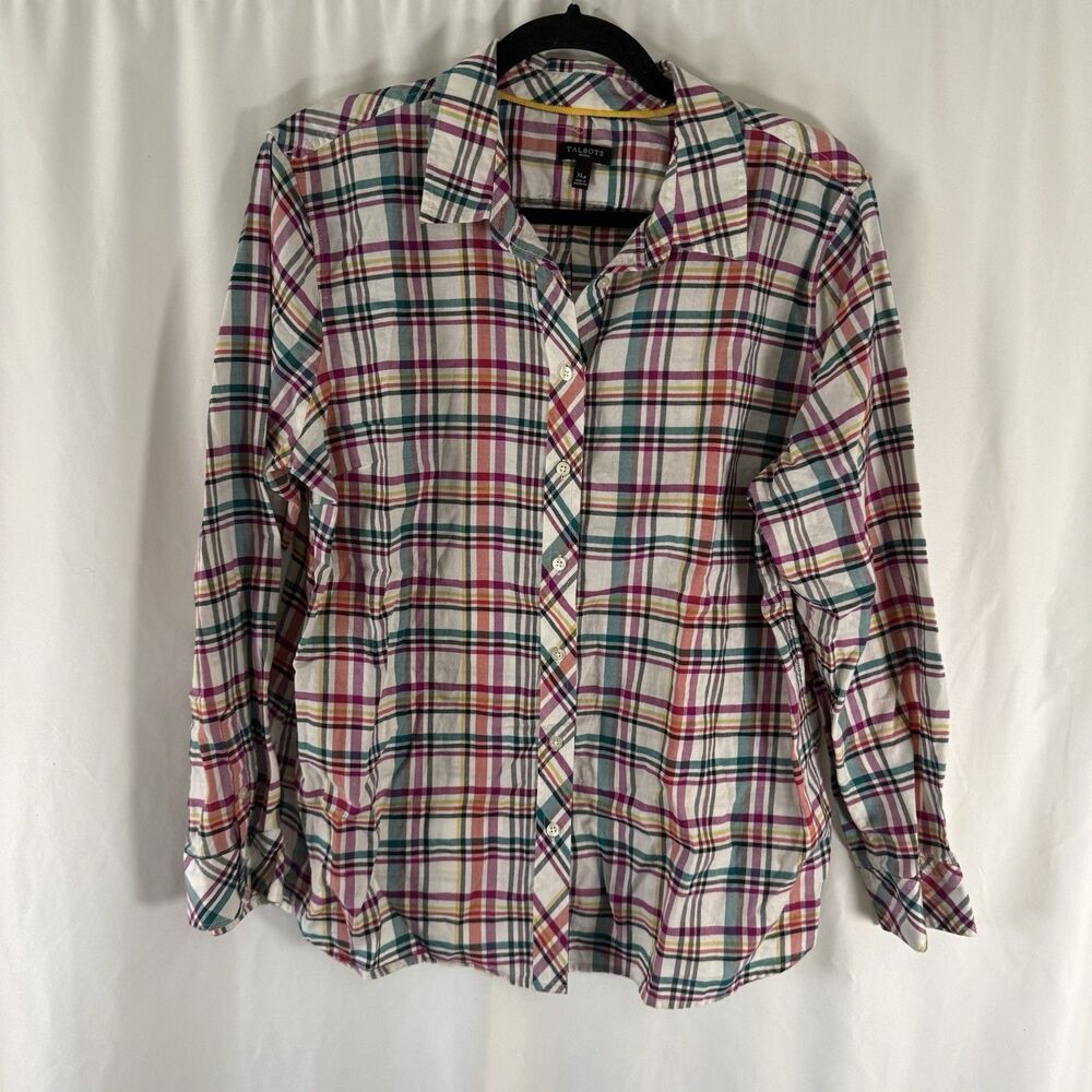 Talbots Button Down Shirt Women's XL Petite White Plaid Collared Long Sleeve